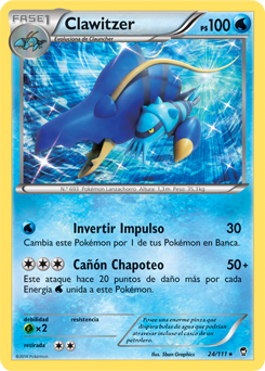 Mundo Pokémon - 693- Clawitzer. Tipo: água. Evolução: Estágio Final.  Histórico: Suas enormes garras lançar balas de canhão de água poderosos o  suficiente para perfurar cascos de petroleiros. Expelindo água pelo bico